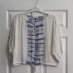 Bella Dahl White Cropped Tie-Dye Pullover with Navy Stripe